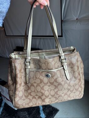 Coach Brown Signature Canvas Shoulder Bag with Saddle Trim